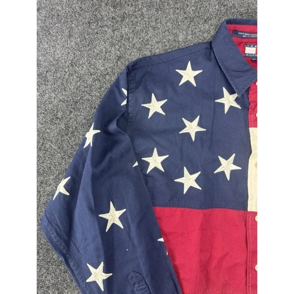VTG Tommy Hilfiger Flag Shirt M/L USA Stars Stripes Button Up 100% Cotton Rare - Picture 3 of 8